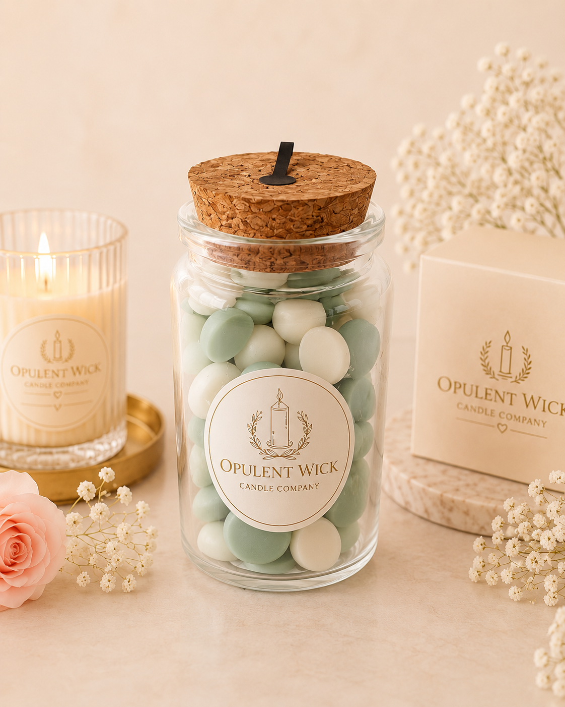 A glass jar candle with a cork lid and a round Opulent Wick label, filled with pale mint green and white wax beads. A lit glass jar candle, a cream product box, and soft floral props are arranged around it on a warm beige surface.